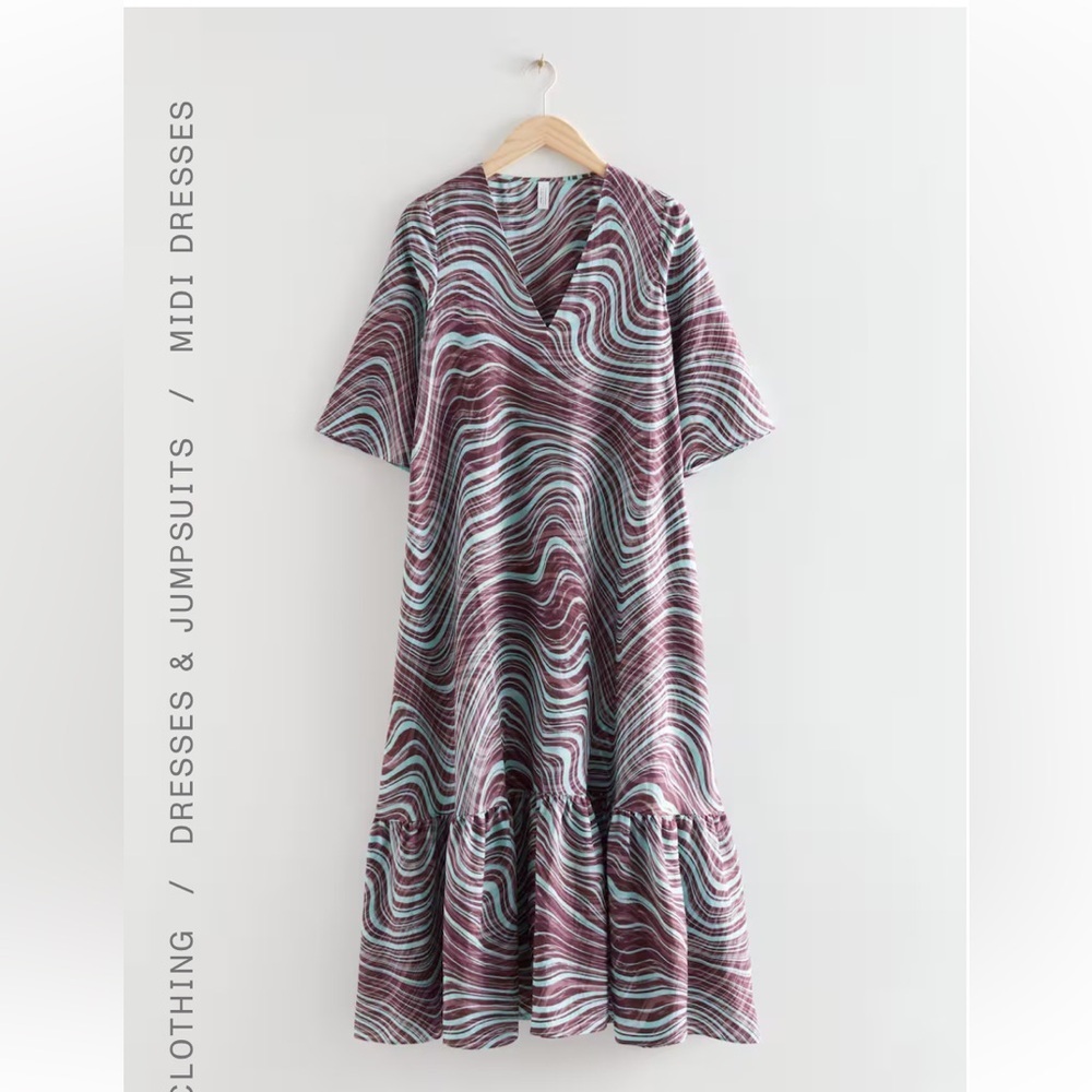 & Other Stories Purple and Turquoise Abstract Wave Ruffle Hem Relaxed Midi Dress